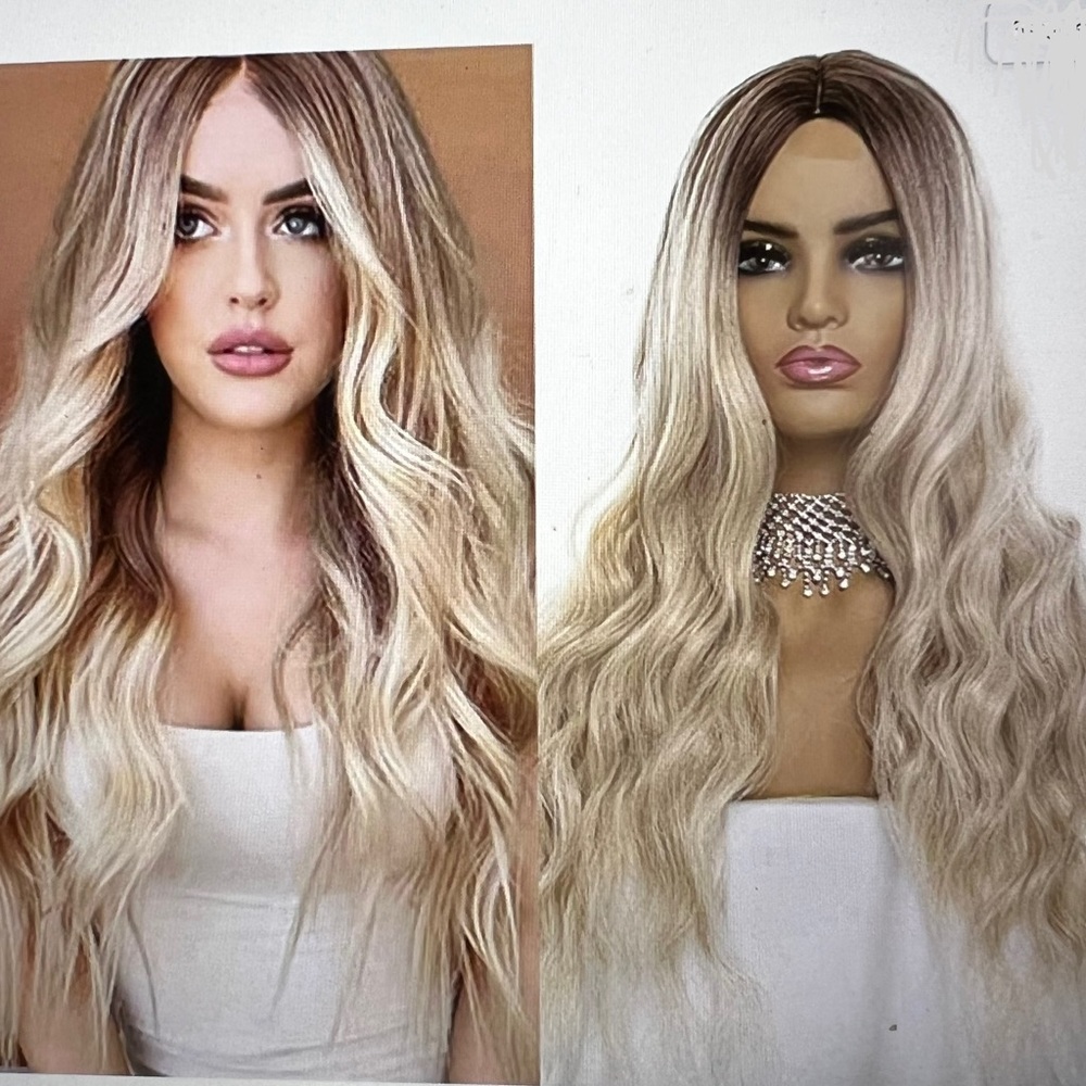 ASulis- Natural Long Wavy Curly Wig Dark Roots Ombré Ash Blonde Wig Middle Part